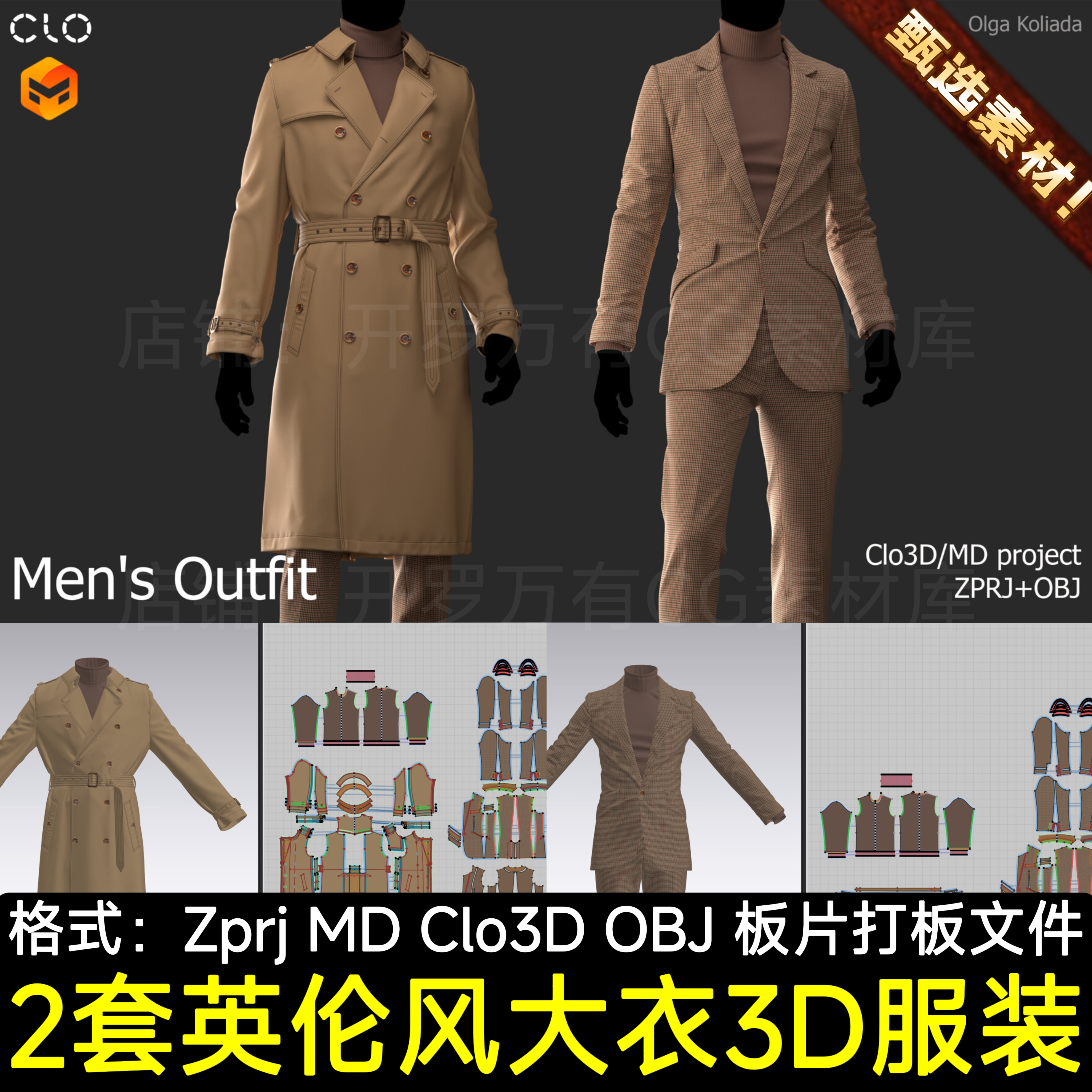 MD服装男性英伦风衣套装商务夹克修身西服高领毛衣3D模型打板文件