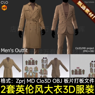 MD服装男性英伦风衣套装商务夹克修身西服高领毛衣3D模型打板文件