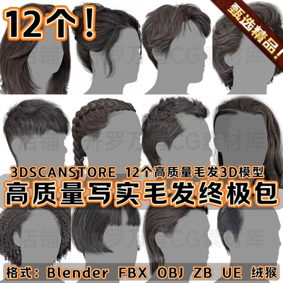 3DScanStore高质量写实角色毛发男女插片头发卡3D模型Blender FBX