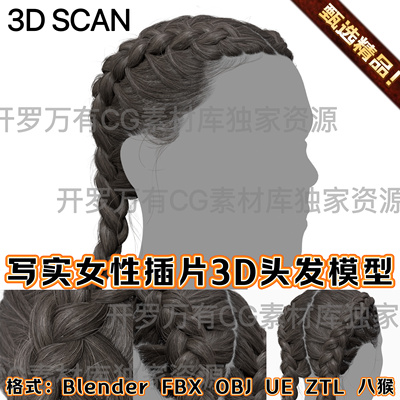 3Dscanstore女性人物实时插片头发Realtime Hair - French Braid