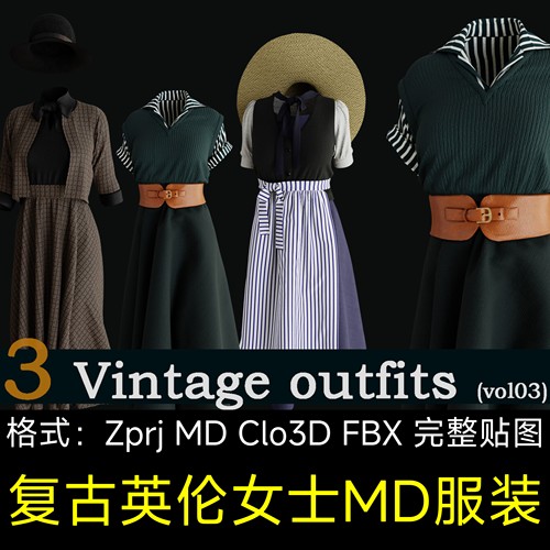 MD服装Clo3D模型复古英伦女士正装欧洲贵族外套礼裙毛衣Zprj文件