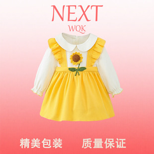 WQK女童向日葵連衣裙春秋女寶寶百天周歲禮服甜美公主裙 英國NEXT