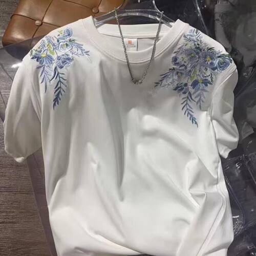 国潮高级感花朵刺绣短袖T恤男女同款潮牌宽松百搭休闲圆领上衣服