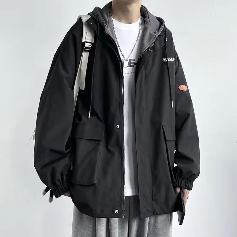 美式潮牌假两件拼接连帽工装夹克男2026秋季潮流青年宽松百搭外套