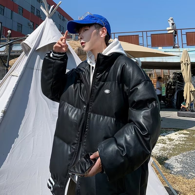 冬季潮流加厚PU皮立领棉衣男港风潮牌痞帅青年宽松百搭厚棉服外套