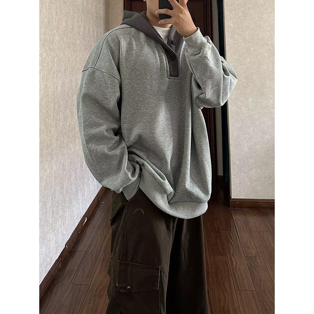 日系复古拼接连帽卫衣男小众设计感宽松百搭休闲青少年帽子衫外套