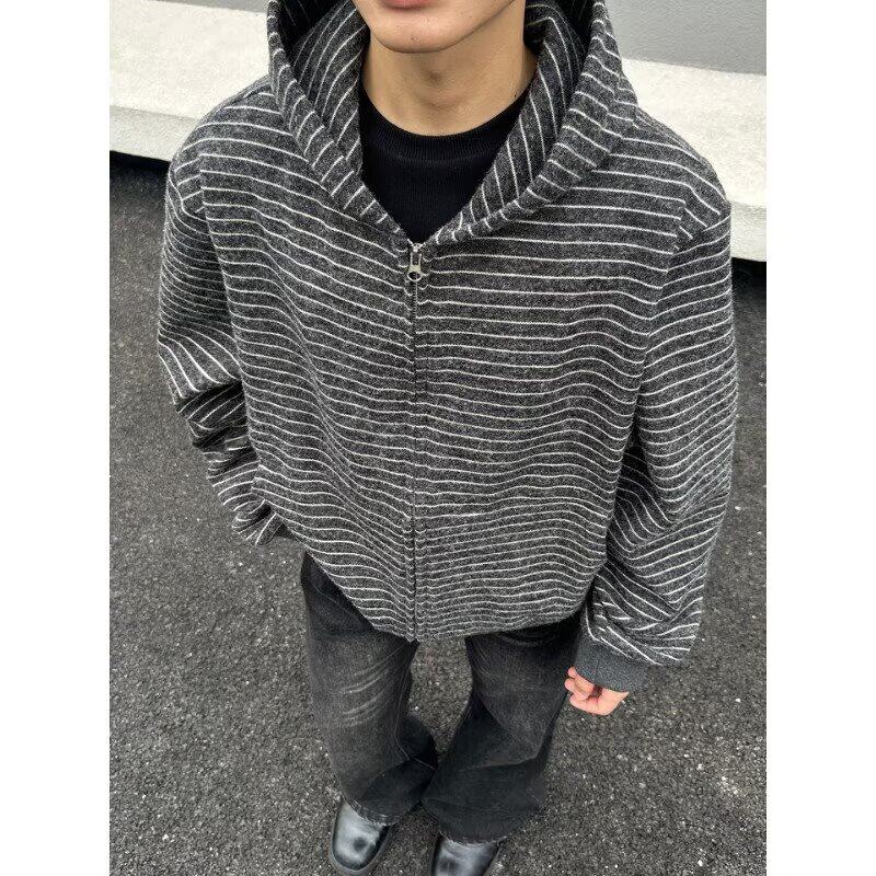 美式复古条纹连帽开衫卫衣男女情侣款秋季慵懒风宽松百搭休闲外套