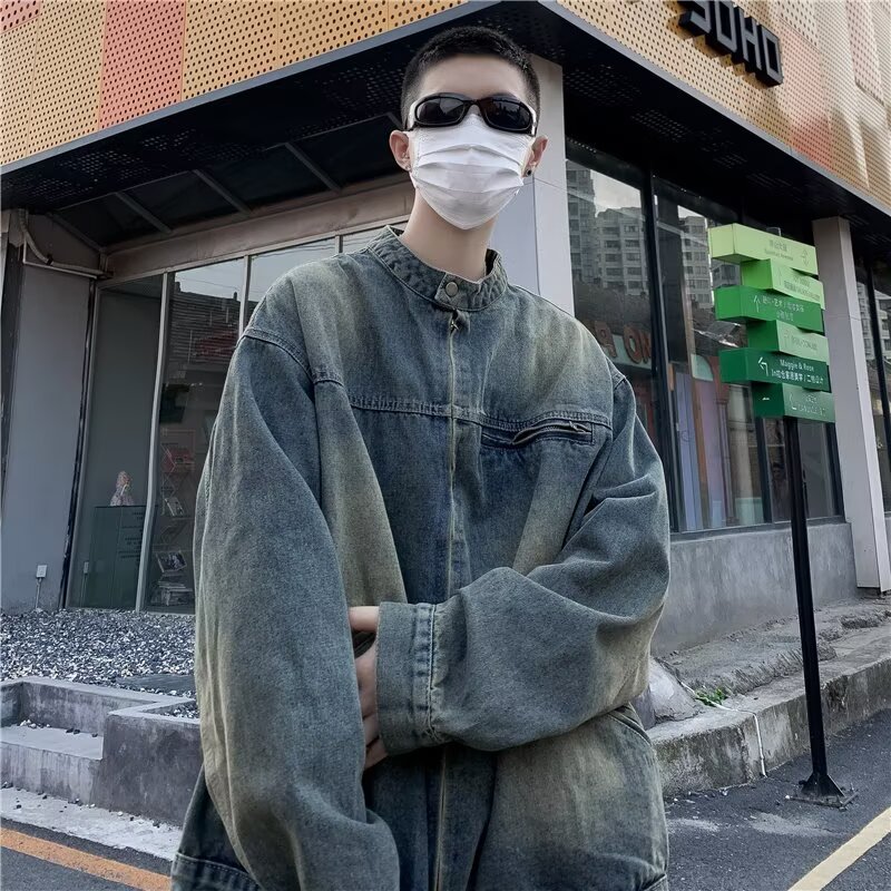 美式复古水洗做旧牛仔外套男春秋季痞帅青年宽松百搭休闲立领夹克