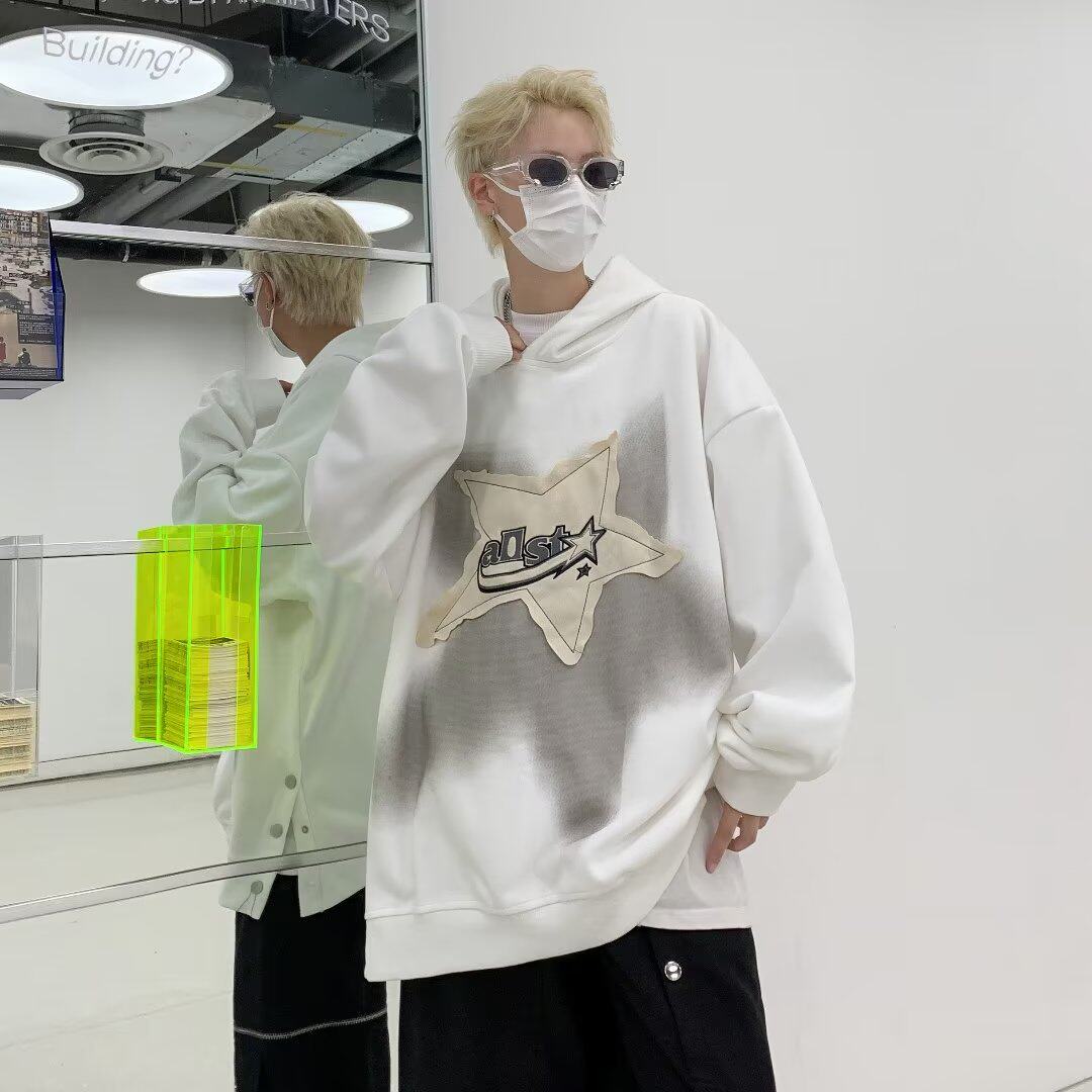 高街潮牌小众设计感贴布星星刺绣连帽卫衣男秋季宽松百搭休闲外套