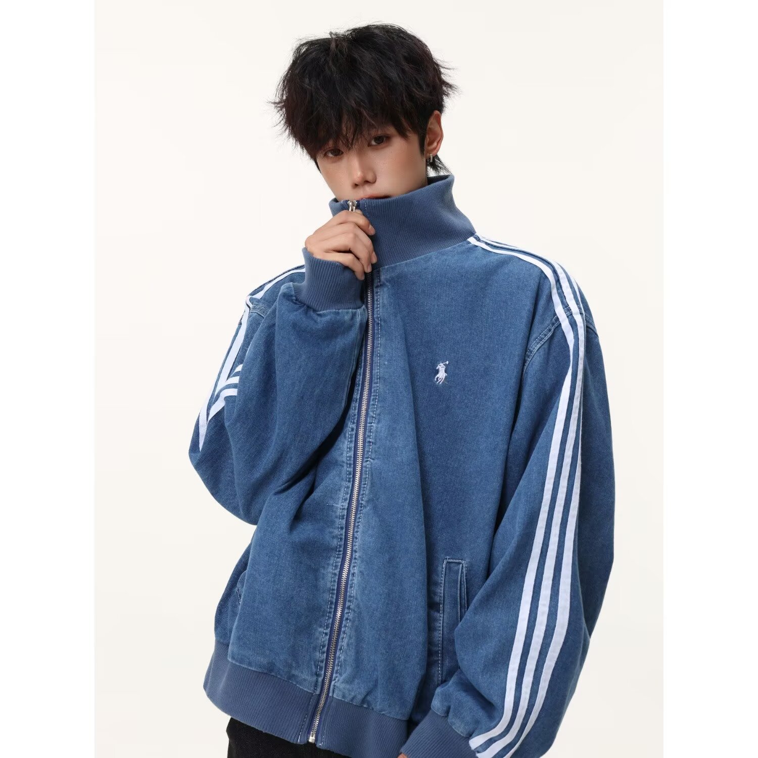 美式复古三杆条纹立领牛仔外套男高街痞帅青年宽松百搭休闲夹克衫