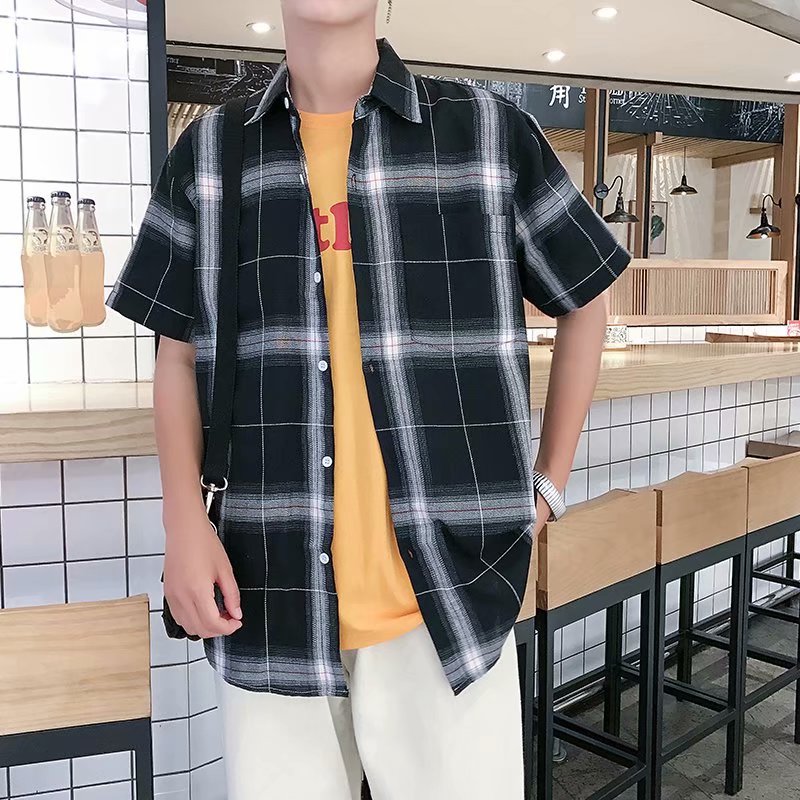 文艺港仔风百搭男衬衫夏季短袖青少年韩版宽松格子寸衫休闲shirt