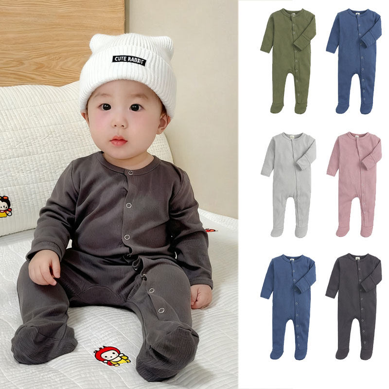 婴儿衣服春秋新生儿女宝宝纯色男小童连体衣包手包脚外出爬爬服潮