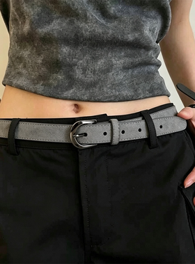 韩版麂皮绒复古针扣皮带女士百搭个性高级感磨砂灰色腰带学生裤带