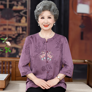 奶奶夏装衬衫女中老年人七分袖衬衣妈妈夏季T恤唐装太太上衣套装