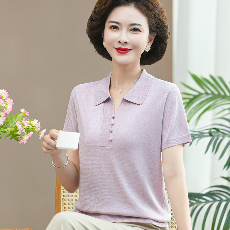 妈妈款冰丝翻领短袖T恤套装