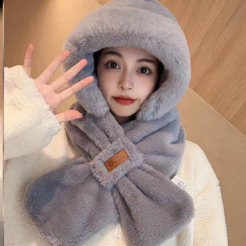 모자와 스카프 올인원 여성용 겨울 사이클링 방한 모자로 추위로부터 보호하고 따뜻함을 유지하며 둥근 얼굴과 귀를 보호하기 위한 다용도 플러시 두꺼워진 스카프입니다