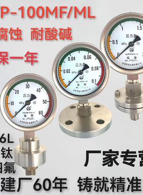 不锈钢隔膜压力表耐震螺纹YTP100BF法兰盘膜片衬四氟316钛钽膜片