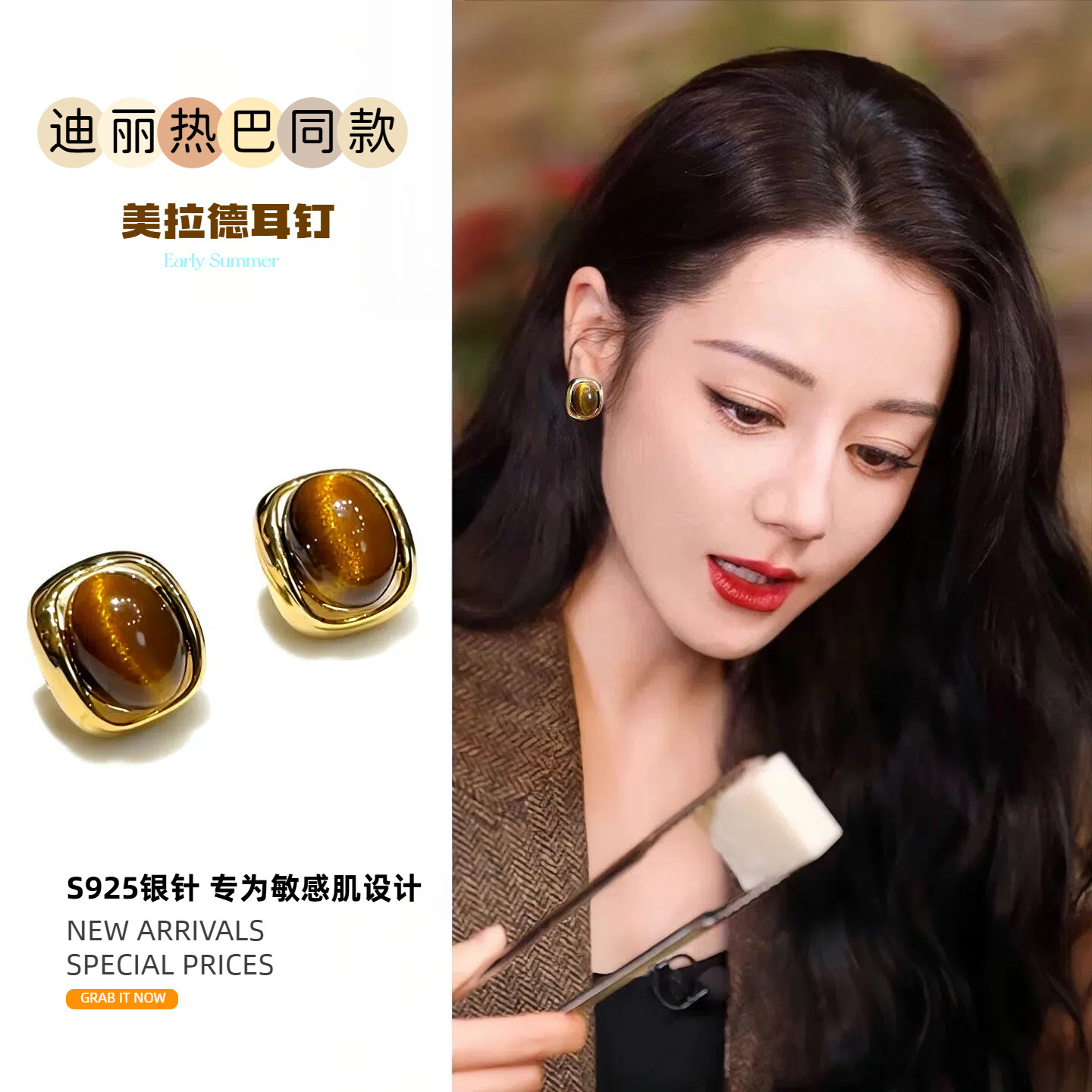 S925银针虎眼石耳钉女春夏新款美拉德色高级感简约复古养耳洞耳环