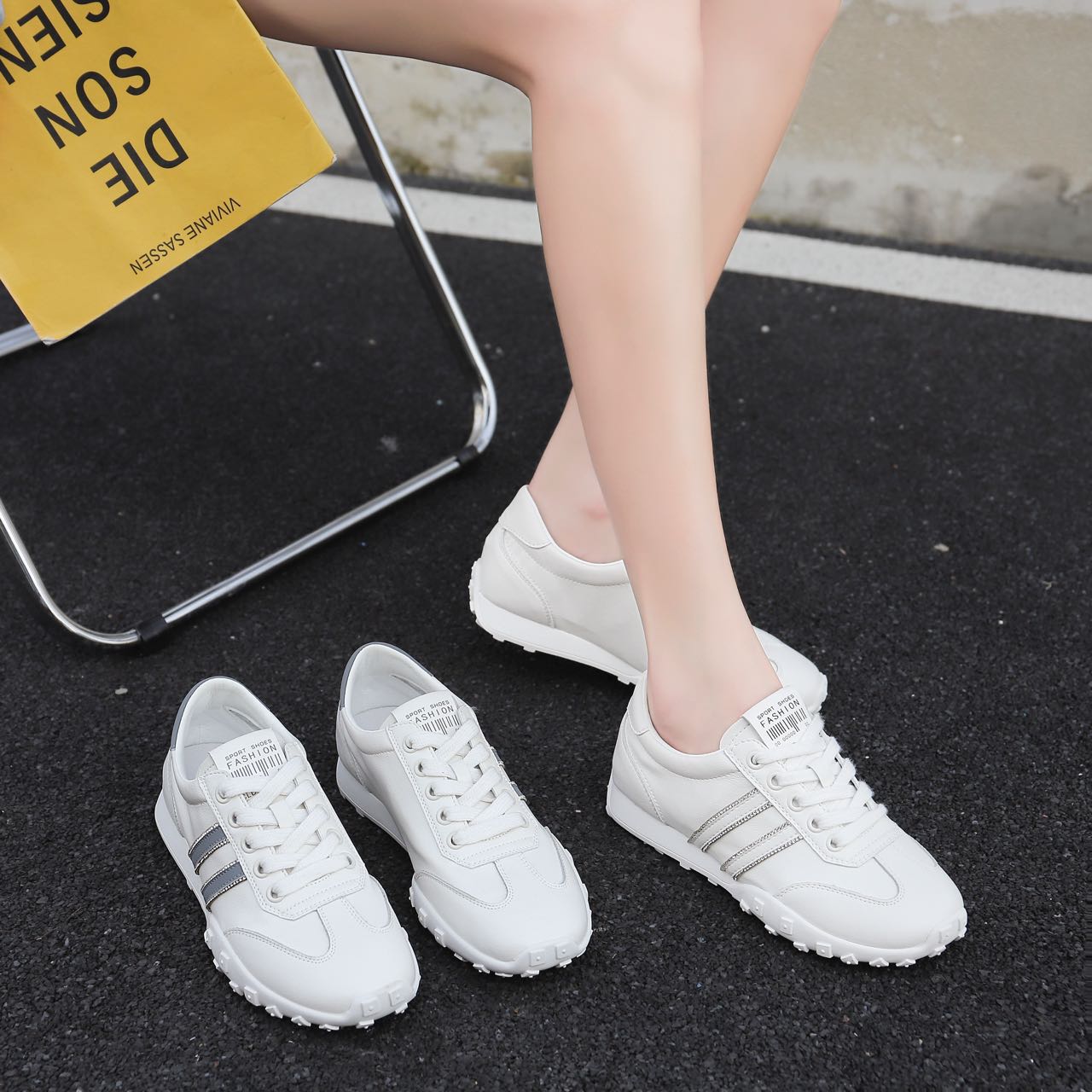 康妮女鞋2025春真皮轻便橡胶跑步防滑纯色透气运动鞋百搭流行潮鞋