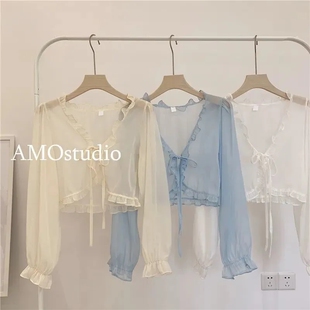 百搭防晒衫 宽松长袖 蝴蝶结系带木耳边小披肩女2025夏装 小心机短款