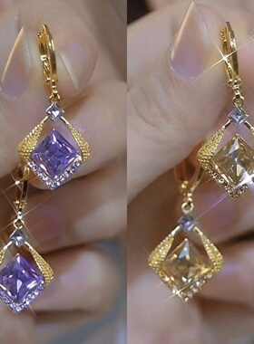 小众设计感气质时尚紫色水晶耳环女精致百搭菱形耳扣2024新款耳饰