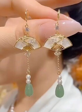 新中式折扇耳环女小众设计高级感长款流苏耳坠2024年新款国风耳饰