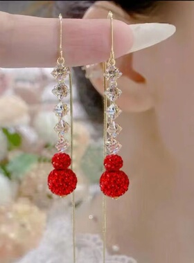 2024年新款潮红色葫芦流苏耳线高级感轻奢长款锆石水晶耳环耳饰女