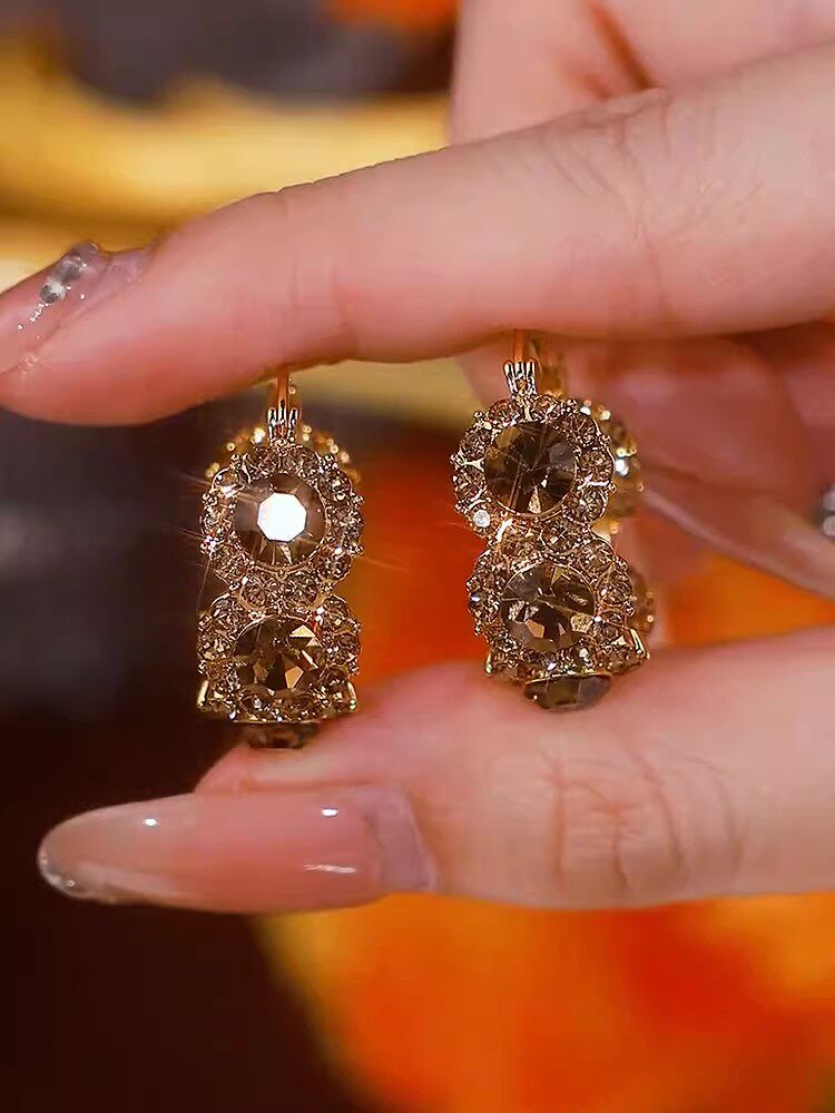美拉德轻奢复古咖色锆石耳环耳圈女设计感耳扣新款气质爆款耳饰