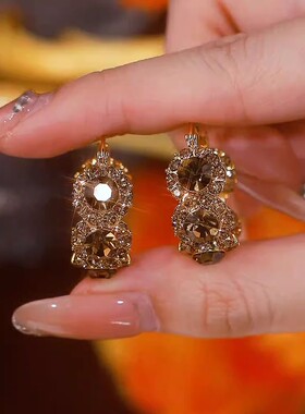 美拉德轻奢复古咖色锆石耳环耳圈女设计感耳扣新款气质爆款耳饰