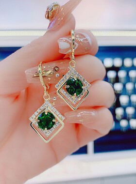 绿色水晶方形耳圈独特设计感小众
