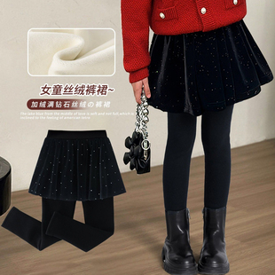 女童裙裤丝绒亮钻加绒加厚外穿打底裤秋冬季儿童一体绒假两件裤子