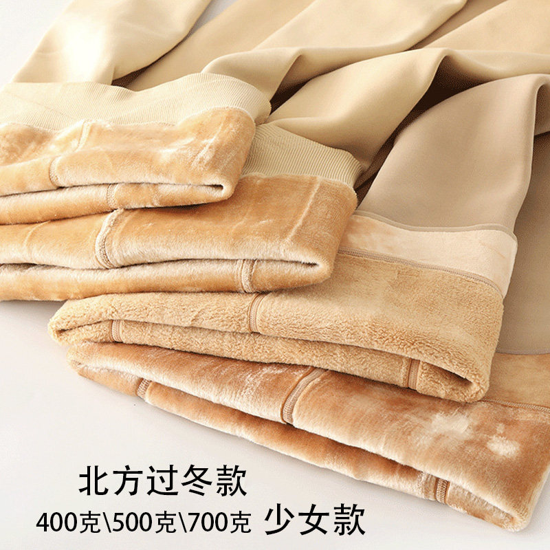 冬季女中大童加绒加厚肤色打底裤北方过冬款一体绒肉色踩脚连裤袜