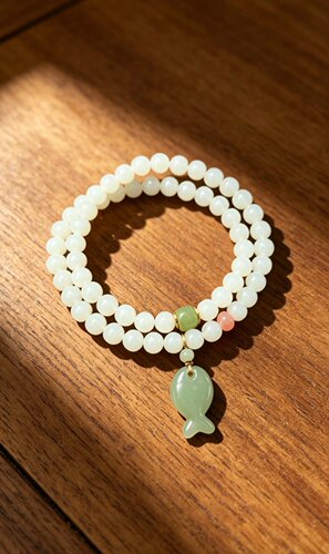 天然和田玉白玉6mm多圈手串搭配南红玛瑙好运锦鲤鱼女款简约手链