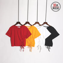 Modern Jazz Dance Latin dance national standard elastic cotton sweat absorption side drawstring loose version short sleeve short navel top