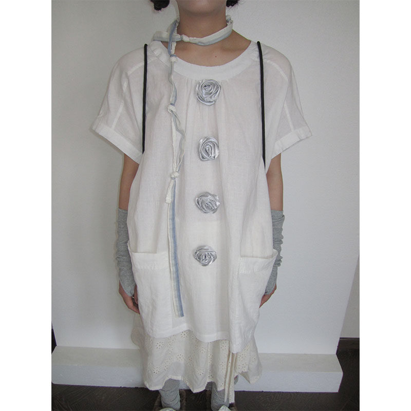 3months立体玫瑰花扣子短袖衬衫女夏设计感小众宽松白色衬衣上衣
