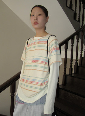 3months彩虹条纹针织短袖T恤女
