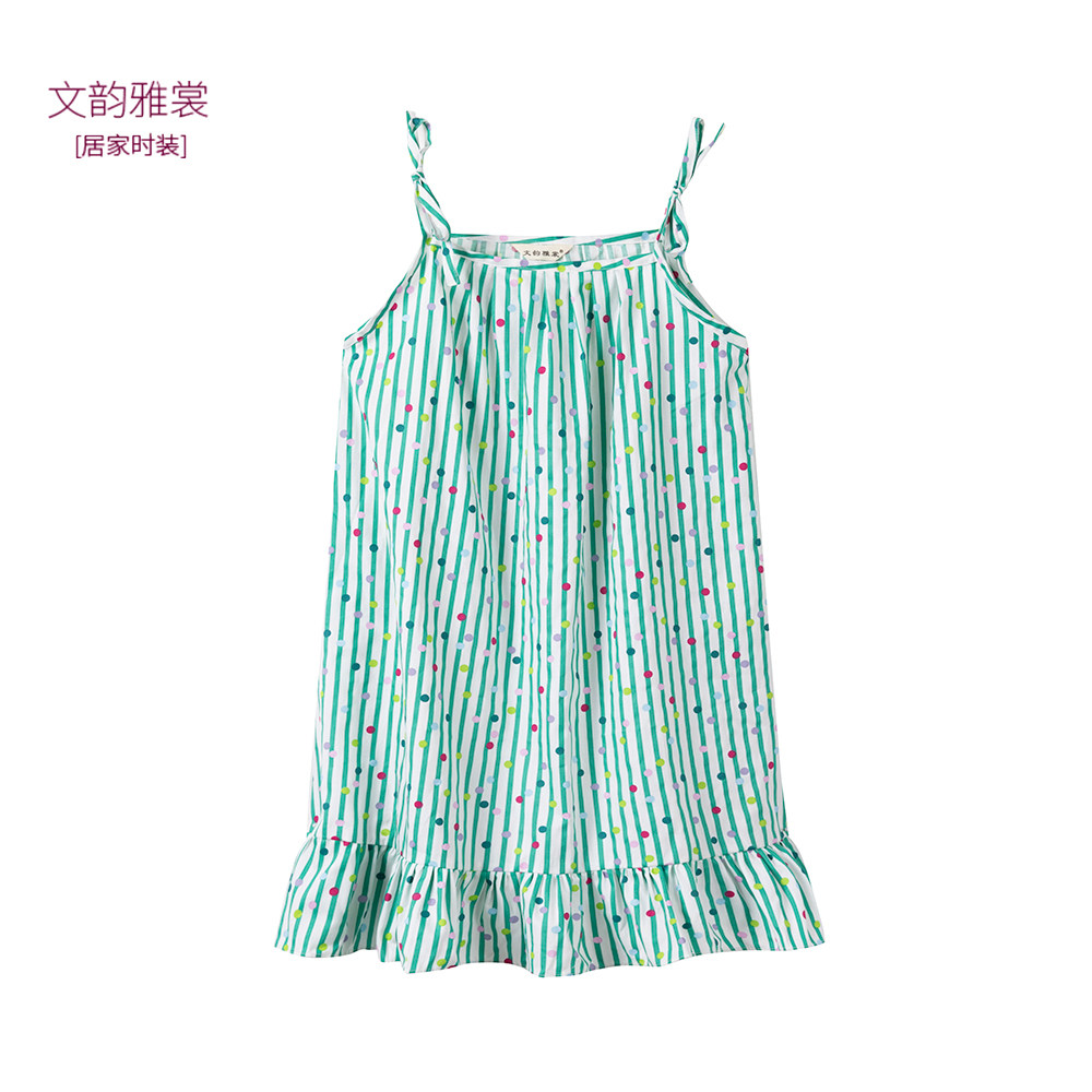 文韵雅裳睡裙女纯棉吊带裙春秋夏款家居服绿色条纹活泼音符点点
