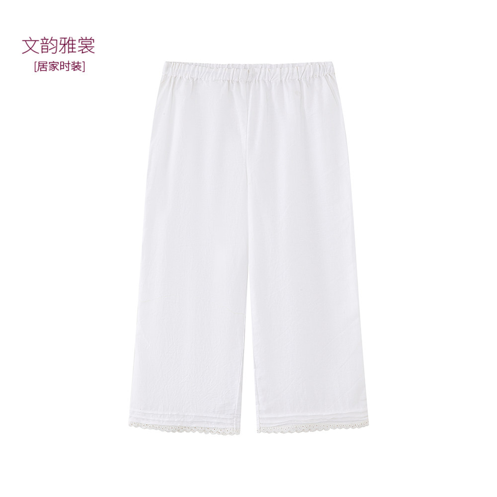 文韵雅裳女士白色棉麻七分家居裤夏季宽松透气长裤简约休闲裤