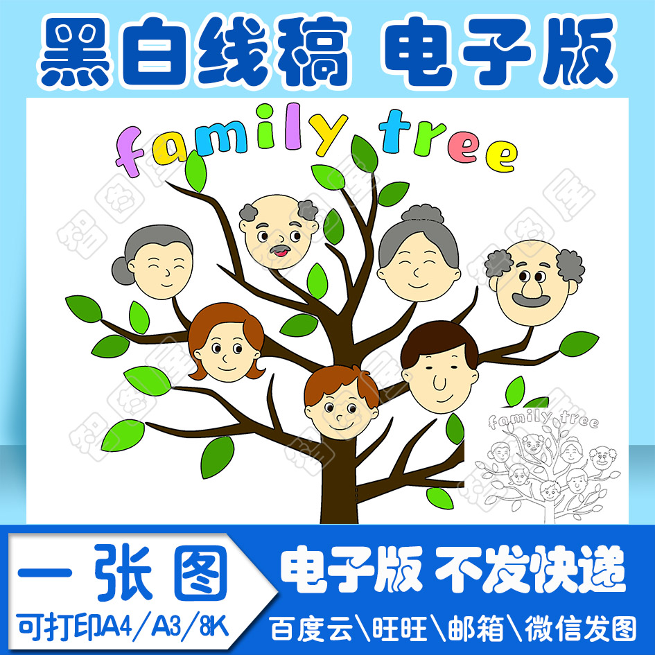 my family英语我的家人家庭手抄报模板电子版1英文介绍黑白线稿图