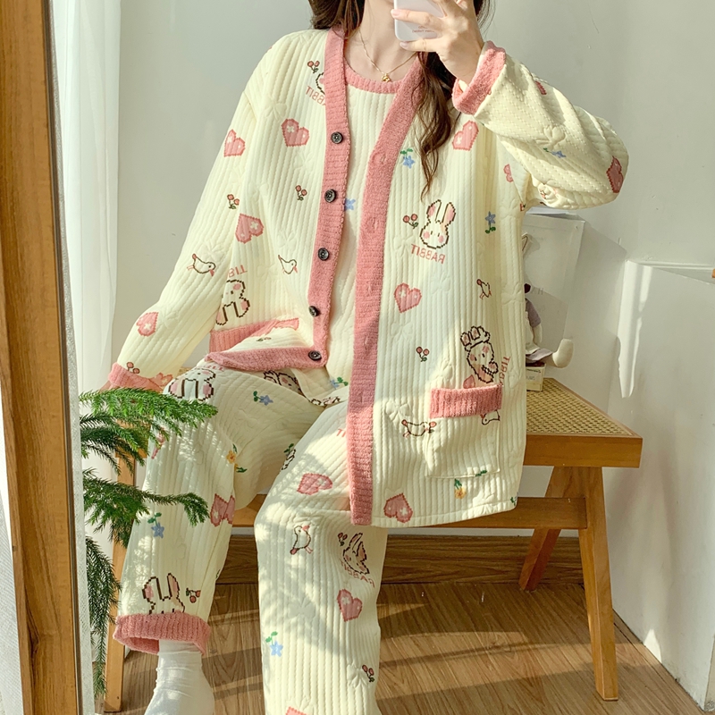 三件套装特大码空气棉宽松睡衣女秋冬季加厚学生宿舍家居服可外穿