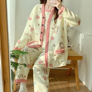 加厚学生宿舍家居服可外穿 空气棉宽松睡衣女秋冬季 三件套装 特大码