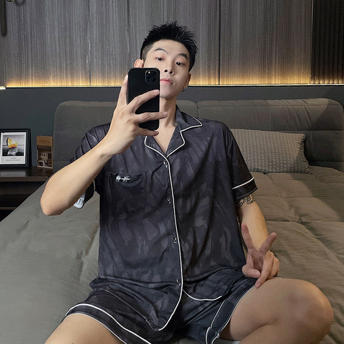 新款大码冰丝短袖睡衣套装男外出