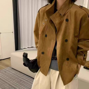 短款复古港风双排扣麂皮绒风衣外套女春秋新款宽松休闲夹克上衣潮