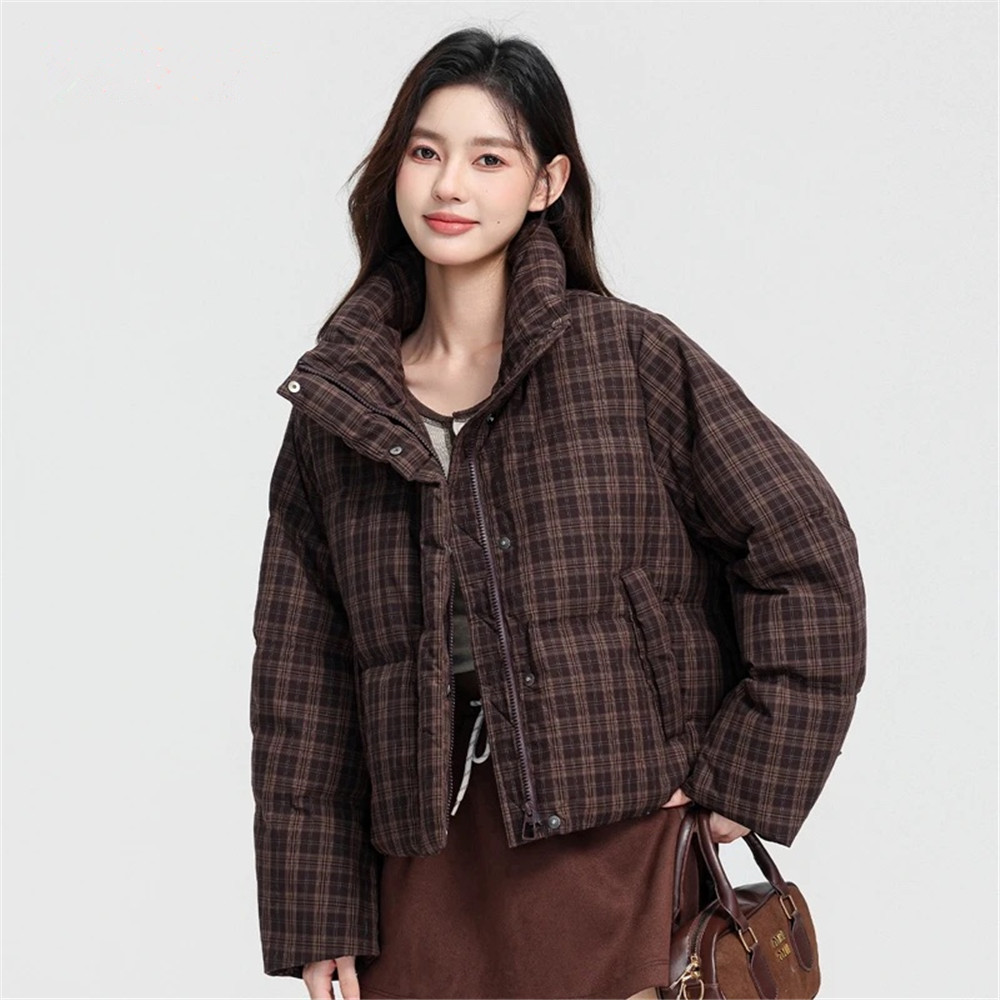 复古格子立领加厚保暖面包服外套