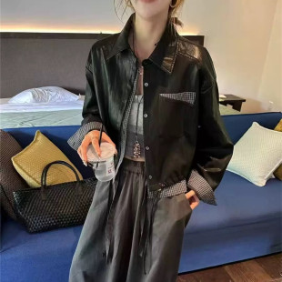 上衣 宽松百搭休闲夹克开衫 时尚 格子拼接假两件皮衣外套女春秋新款