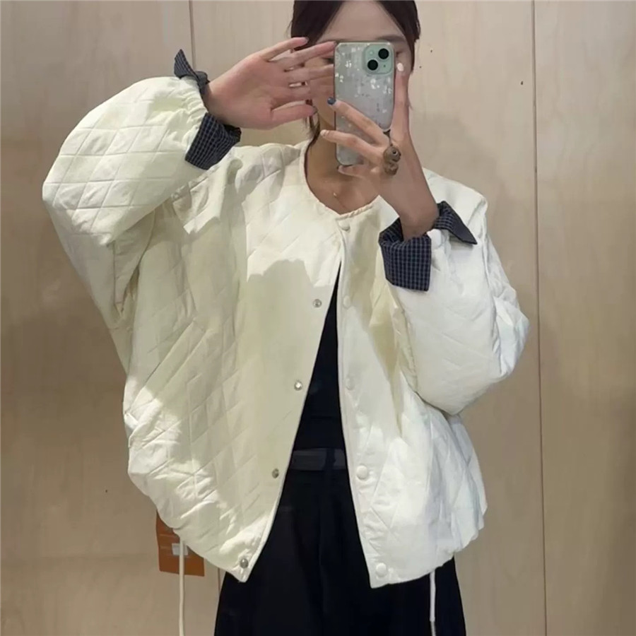 格子拼接菱形格宽松夹棉开衫外套