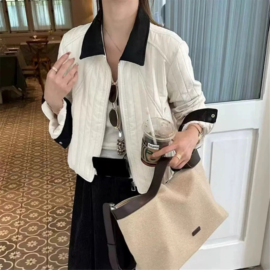 撞色拼皮翻领宽松休闲薄棉服外套