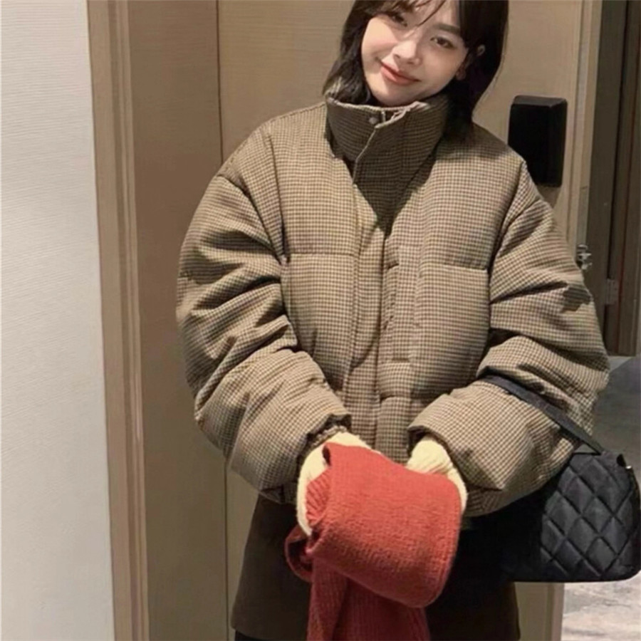 短款立领格子加厚保暖棉服外套
