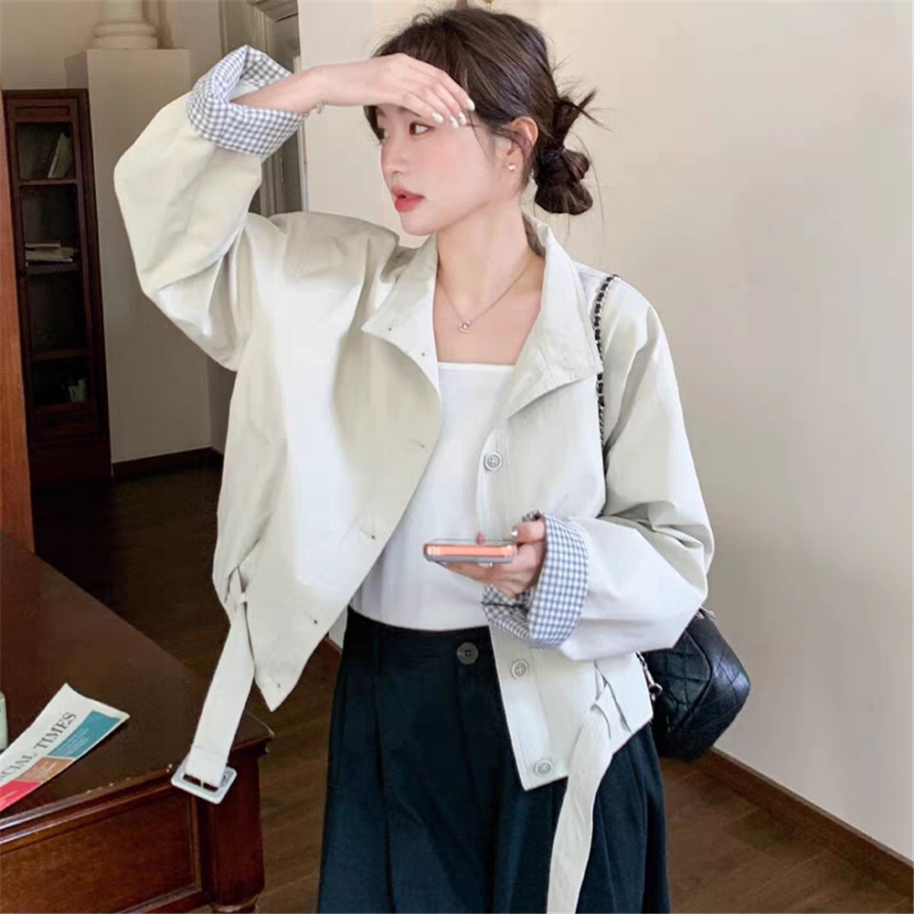 短款小个子立领格纹拼接风衣外套图片