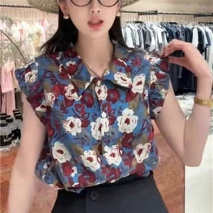 宽松百搭休闲减龄衬衣上衣潮 港风复古碎花飞飞短袖 衬衫 女夏季 新款